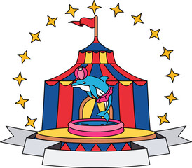 a dolphin performing in front of a circus tent logo