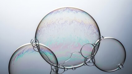 Close-up of connected iridescent bubbles, reflecting light against a gradient gray background