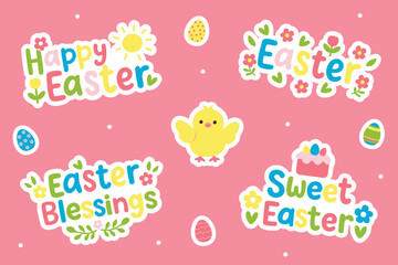 Happy easter sticker clipart set with chick eggs Cute happy easter stickers with chick and lettering Easter sticker set with happy easter phrases