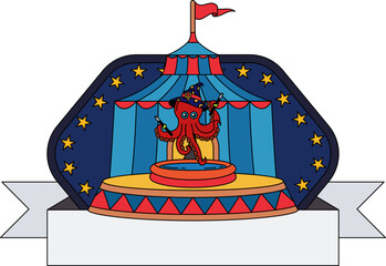 A cartoonish octopus is performing in a circus logo