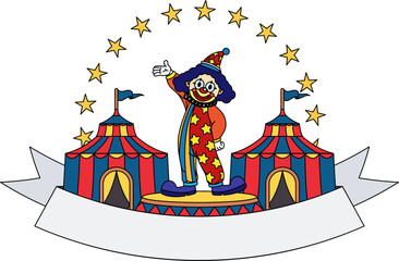 A clown stands in front of a circus tent logo
