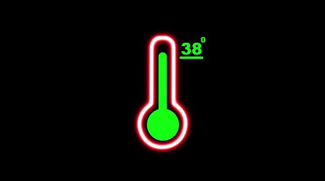 Neon thermometer displaying 38 degrees with red outline on a black background temperature measurement