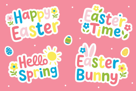 Colorful happy easter clipart stickers in pastel style Cute easter stickers with chick eggs and cake Happy easter spring sticker illustrations for kids