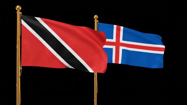 A dynamic visual of two distinct flags waving gracefully on golden flagpoles against a stark black background. The first flag features a vibrant red field traversed by a bold black diagonal stripe, el