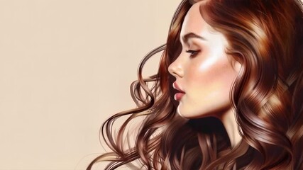 An artistic portrait of a red-haired girl with graceful curls conveys elegance, suitable for a background in cosmetics advertising or fashion magazines.
