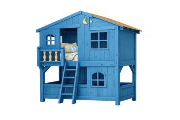 Blue wooden playhouse bunk bed featuring ladder and balcony, creating a fun sleep and play area for children, transparent background