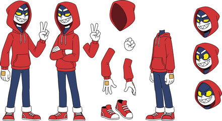 Hooded cartoon character sprite sheet, masked villain design, vector animation set, game character poses, red hoodie illustration, modern comic style © Mahadi's World