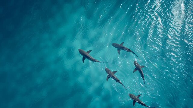 Aerial view of sharks swimming in the ocean, minimalist, blue tones, flat lay video.