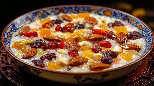 Pouring Nuts and Dried Fruits Over Traditional Rice Porridge in Ornate Bowl Closeup