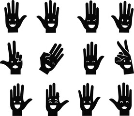 Obraz premium Cartoon hand gesture set, expressive palms, emotional faces, finger signs, black silhouette, character design, educational, playful, graphic, icon