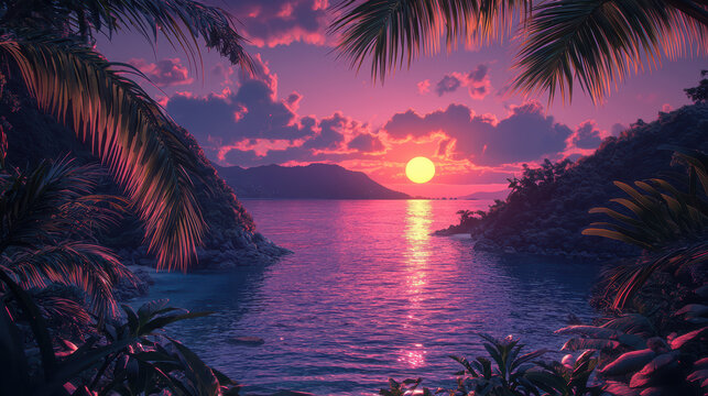 A beautiful sunset paints the tropical island sky in vibrant hues of pink and purple, with palm trees framing the serene ocean view in a paradise setting.