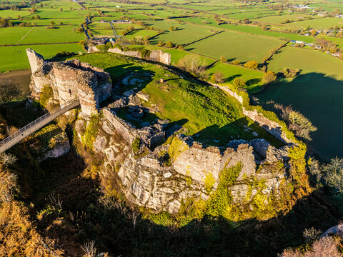 An aerial view looking down onto the Inner Bailey of the ruins of the Beeston castle near Chirk, Wales