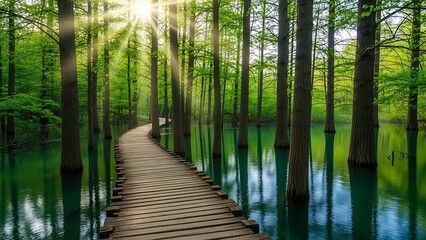 Wooden boardwalk through serene forest