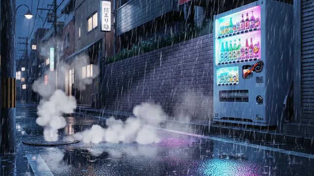 Vending machine on a rainy anime wallpaper background in tokyo japan at night