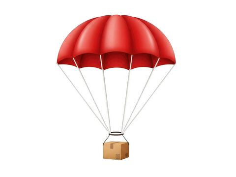 A red parachute carrying a cardboard box isolated on transparent background