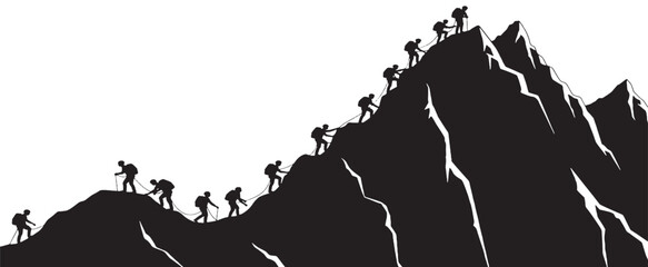 Obraz premium Silhouettes of hikers climbing a steep mountain range, symbolizing perseverance and achievement.