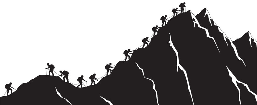 Silhouettes of hikers climbing a steep mountain range, symbolizing perseverance and achievement.