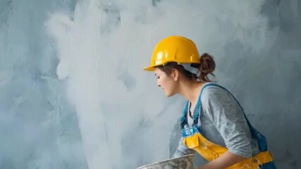 A focused individual, wearing a bright yellow hard hat and practical work overalls, is captured in profile, intently engaged in a task. The background features a subtly textured wall, displaying abstr
