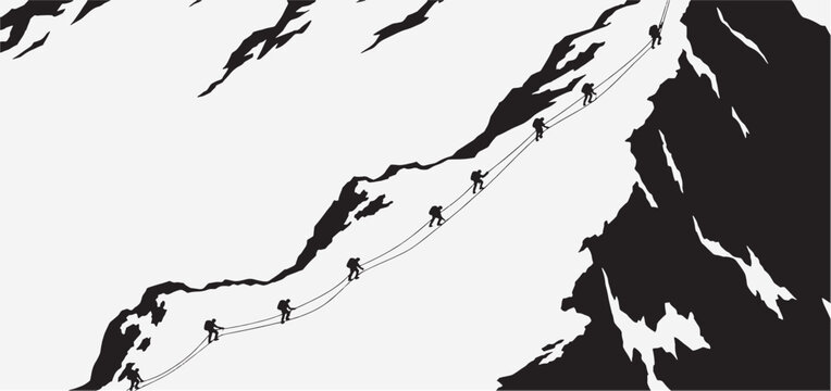 A group of climbers ascend a steep mountain slope, connected by ropes, symbolizing teamwork and perseverance in extreme conditions.
