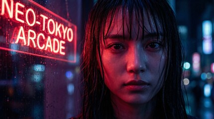 Neo-Tokyo Arcade Night: Young Asian Woman in Cyberpunk Cityscape with Red Neon Glow, Urban Future Aesthetic
