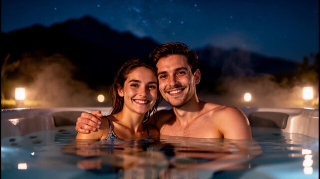 A romantic young couple on vacation smiles and embraces in a steamy hot tub under a breathtaking starry night sky with mountains in the background
