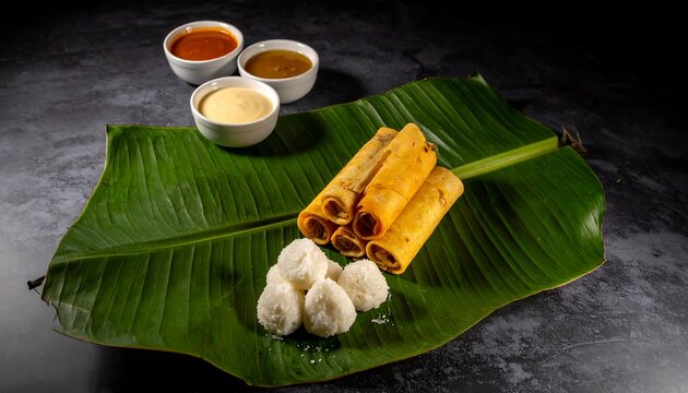Lumpia and Buko Salad on Banana Leaf with Sauces.