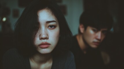 A troubled Asian couple is in a conflicted relationship facing emotional distress and family issues with the wife upset with her husband