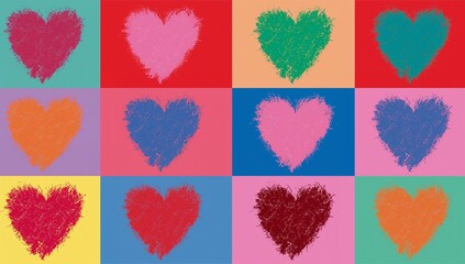 Vibrant mosaic of textured hearts in a colorful grid, evoking feelings of diverse love and contemporary artistic expression, ideal for creative design projects
