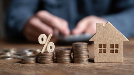 A young man counts coins behind a wooden percent symbol and house model on a table relating to real estate and finance concepts