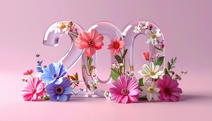 Transparent Number 200 Decorated With Colorful Flowers And Green Leaves On Pink Background