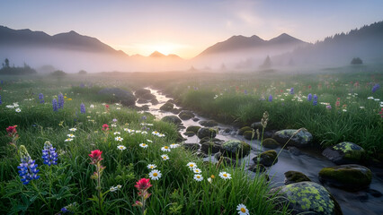 Wildflower meadow beside small stream winding through misty alpine morning