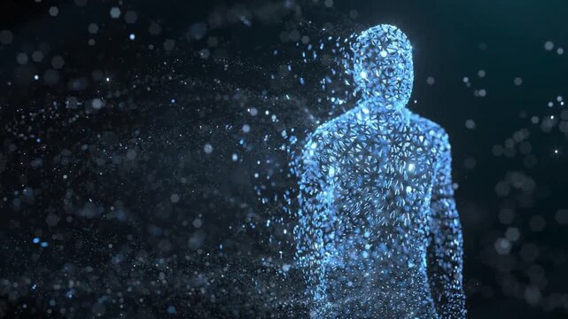 Stunning digital human form made of glowing blue particles