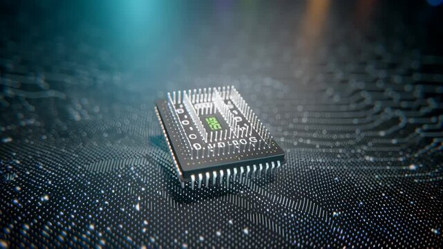 A close-up view of a microchip on a digital circuit board with colorful lights in the background, representing technology and innovation.