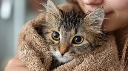 Naklejka premium A young woman holds a fluffy damp cat wrapped in a towel Pet care