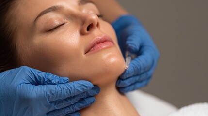 Aesthetic practitioner administers fat burning injections for a woman s chin cheeks and neck to address double chin in a salon setting