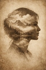 Ambitious cliffside double exposure silhouette