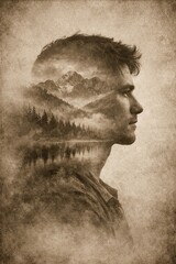 Hopeful upward gaze double exposure portrait