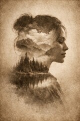 Serene smile double exposure lake portrait