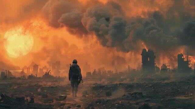 A lone soldier walks through the ruins of a burning city, emphasising the horrors of war and destruction, which would be suitable as a sombre backdrop for documentary projects about the consequences o