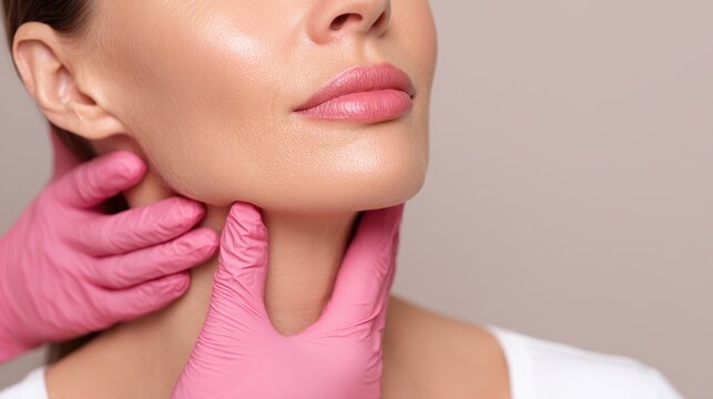 Aesthetician administers fat burning injections to reduce fat around a woman s chin cheeks and neck in a beauty salon