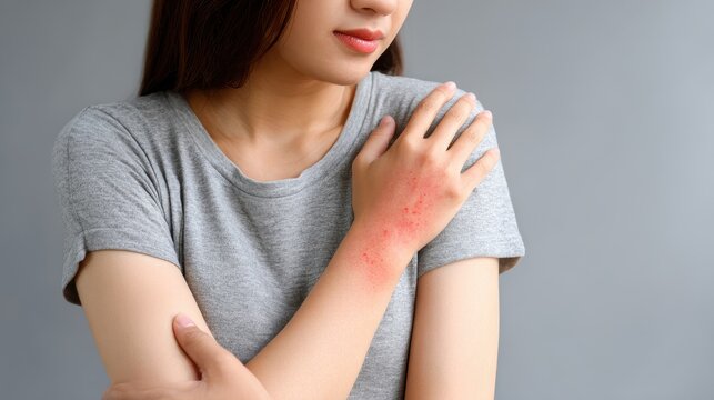 Allergic reaction on sensitive skin causes a woman to itch her arm resulting in a red rash