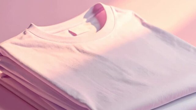 Stack of folded blank t-shirts on a pink background, ready for customization.
