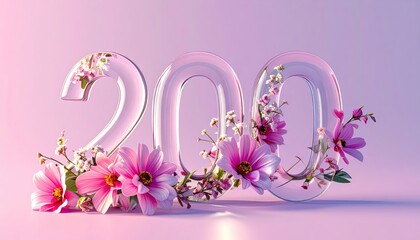 Transparent Number Two Hundred Decorated with Pink Flowers and Green Leaves