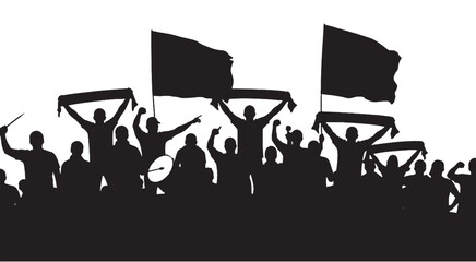 Obraz premium Silhouette of a cheering crowd holding flags and scarves at a sports event or concert.