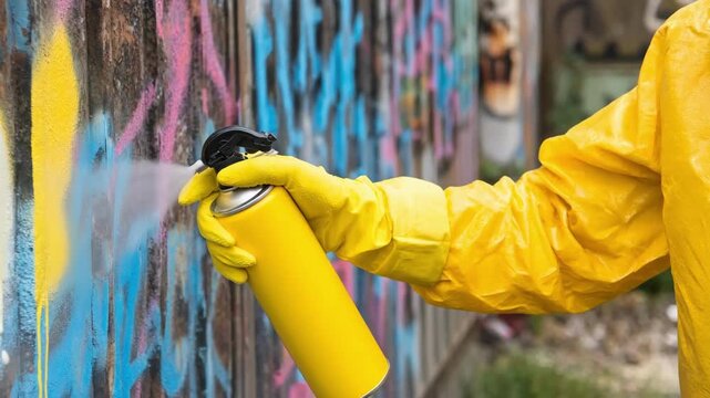 Technician spraying chemical solvent on unwanted graffiti to clean a smooth metal door in an urban environment.