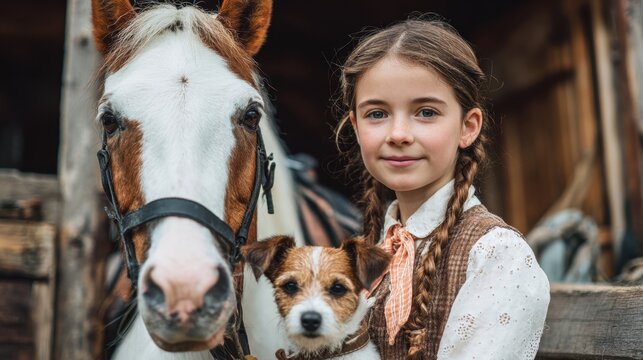 Attractive young girl saddling a horse and interacting with a Jack Russell terrier