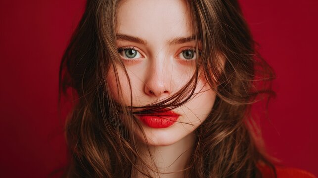 Attractive young woman with hair in red lips Trichophagia compulsive hair eating linked to hair pulling disorder