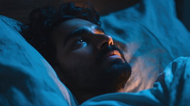 Awake and restless Indian man lies alone in bed at night staring at the ceiling battling loneliness and mental distress