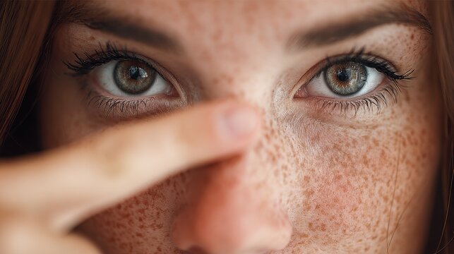 Bare faced woman gestures toward her eyes