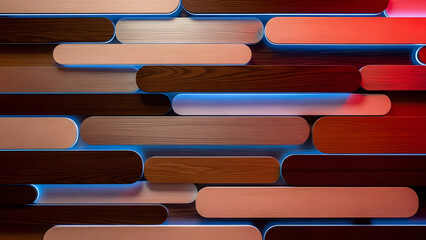 Modern Wood Panel Wall with Blue Neon Light Accent Background